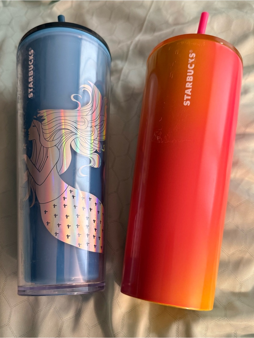 Starbucks ombré Red to Orange  and Blue with holographic mermaid drink cups